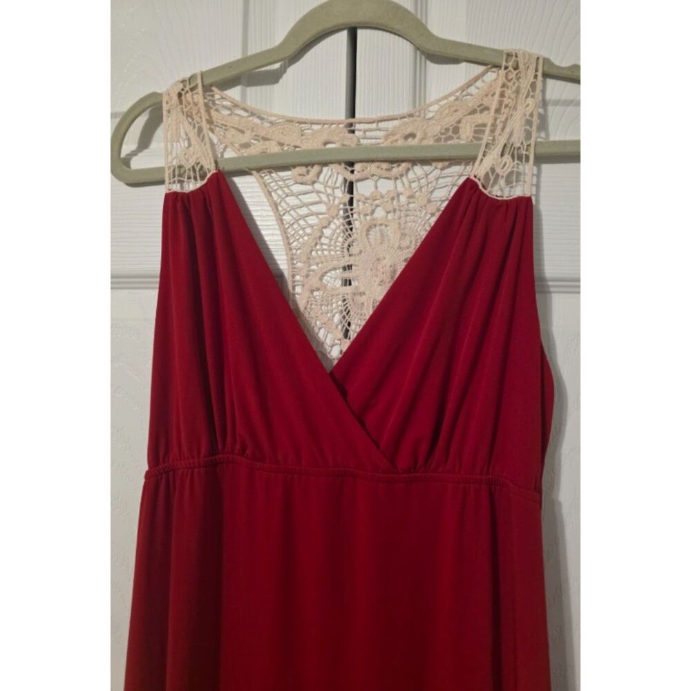 Red Knit Maxi Dress Cream Crochet Lace Back Boho Festival Sundress NWOT Large